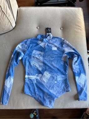 True Religion Blue Tie-Dye Long Sleeve Sheer Bodysuit
